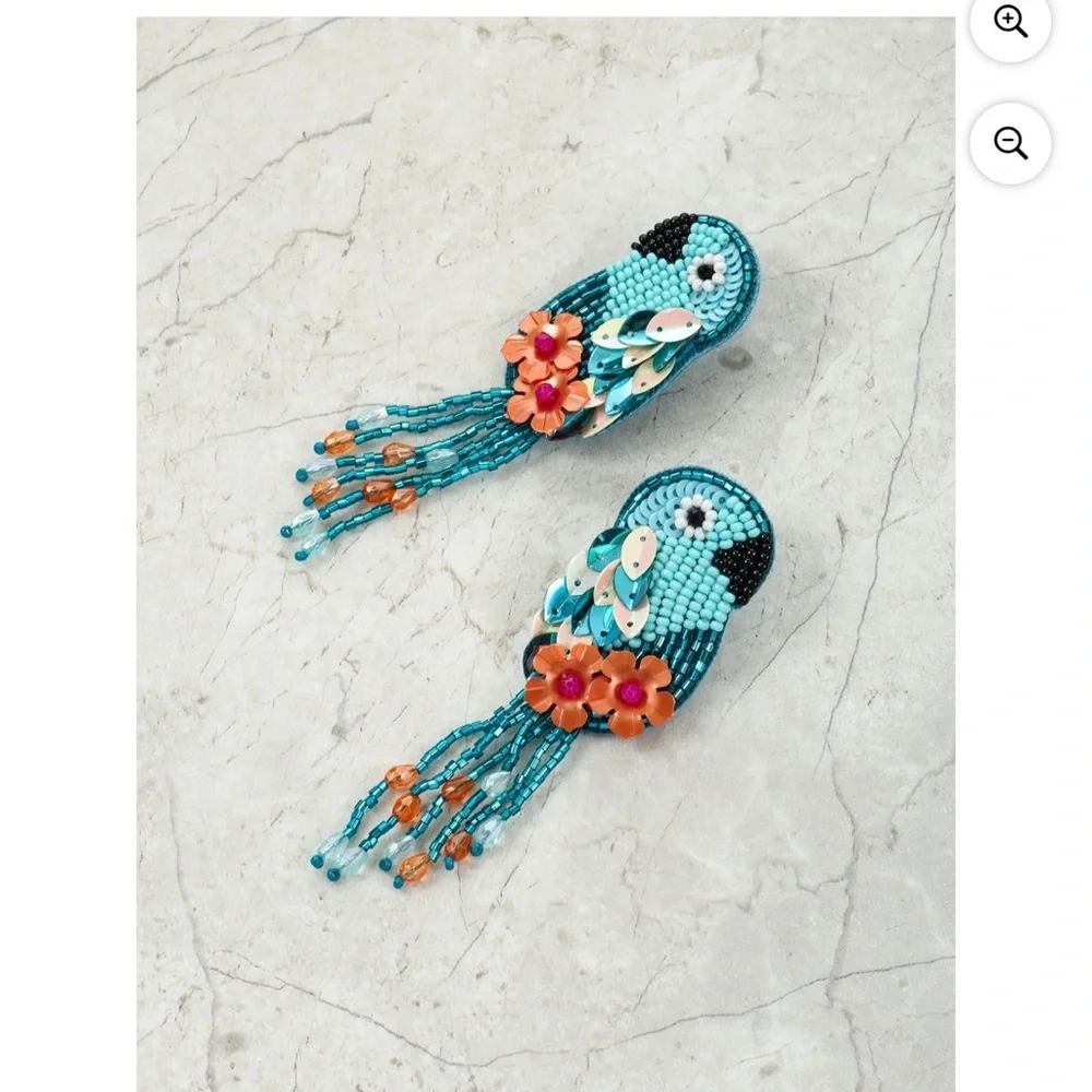Beaded Parrot Earrings with Fringe - Picture 2 of 3